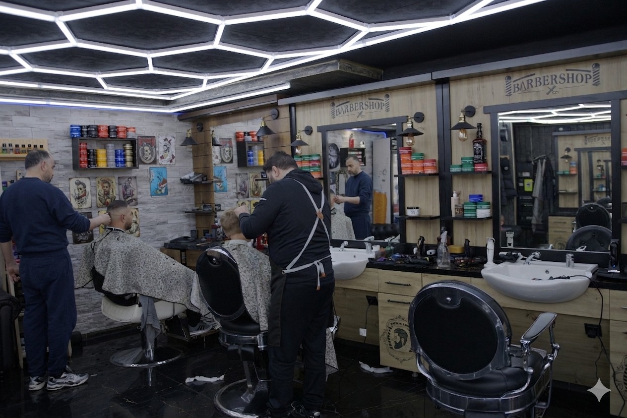 Intérieur du barber shop H&S à Thonon-les-Bains — salon 3 postes